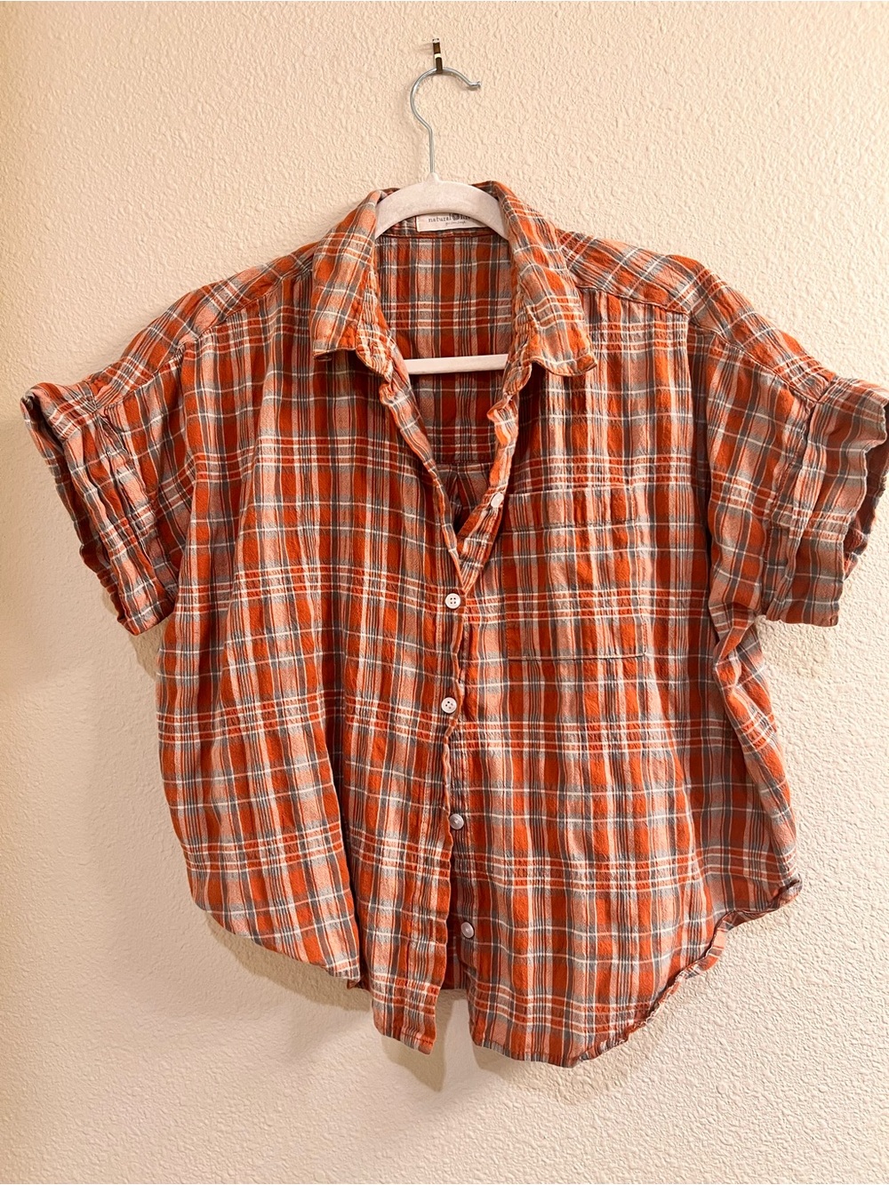 NATURAL LIFE Orange Plaid Short-Sleeve Button-Down Shirt